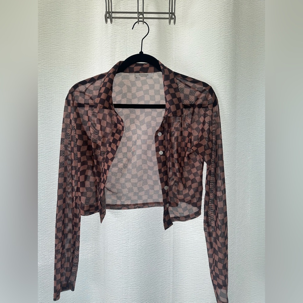 Peppermayo Brown Checkered Sheer Button Crop Top